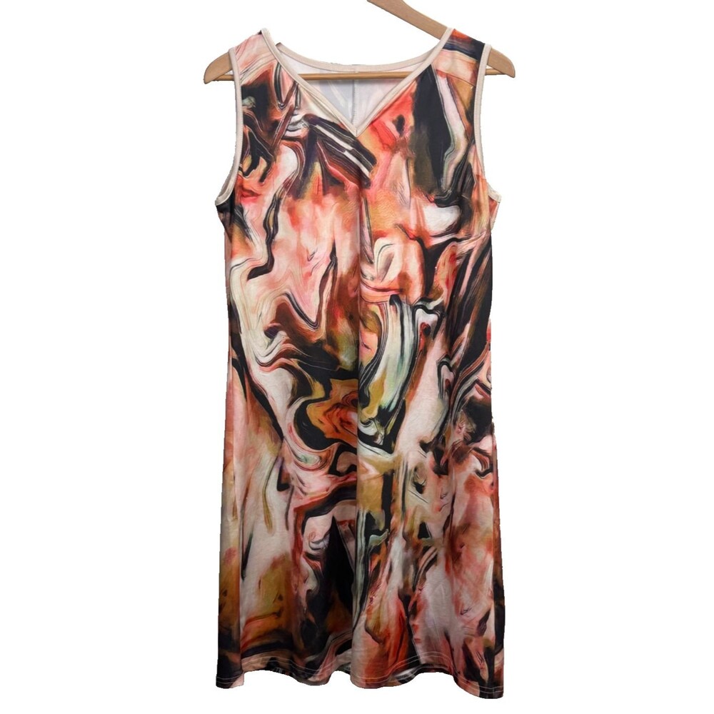 Psychedelic Wave Tank Dress Large Retro Colorful Sleeveless Stretch Pullover
